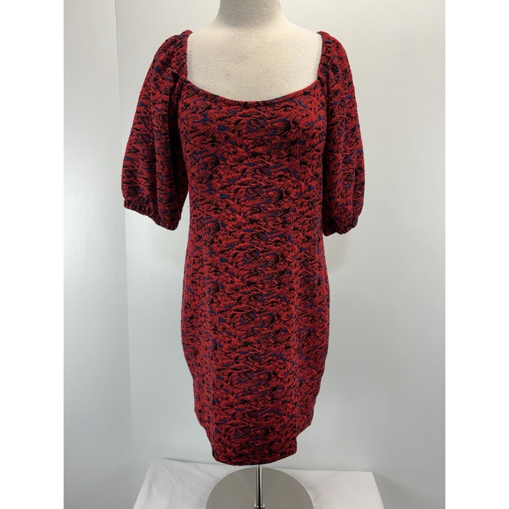Free People Sunset Mini Dress Women's Large Red Puff Sleeves Boho Shift